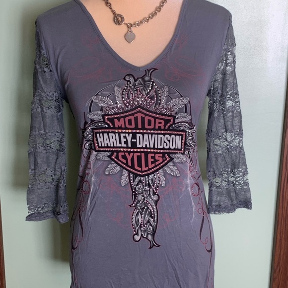 Harley Davidson 3/4 sleeve grey lace size M bling - Picture 1 of 2